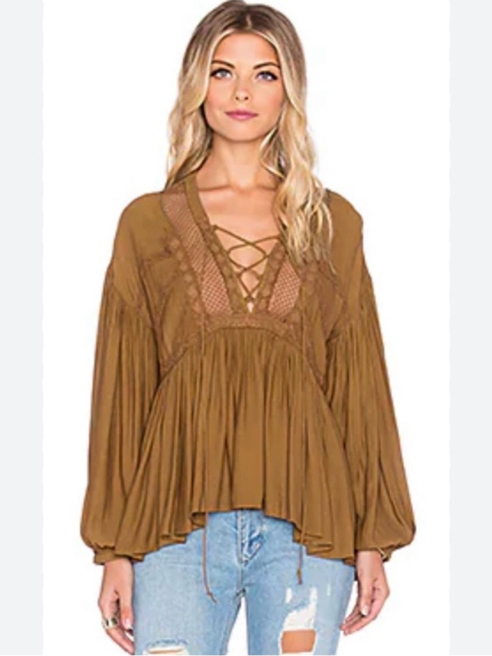 FREE PEOPLE - “Don’t Let Go” Lace-Up Peasant Blouse in Camel